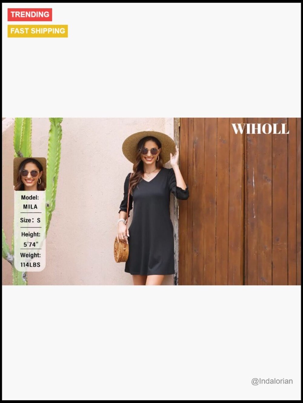 3/4 Sleeve Midi Dress with Pockets, V-Neck, Flowy Fit - Picture 5 of 7